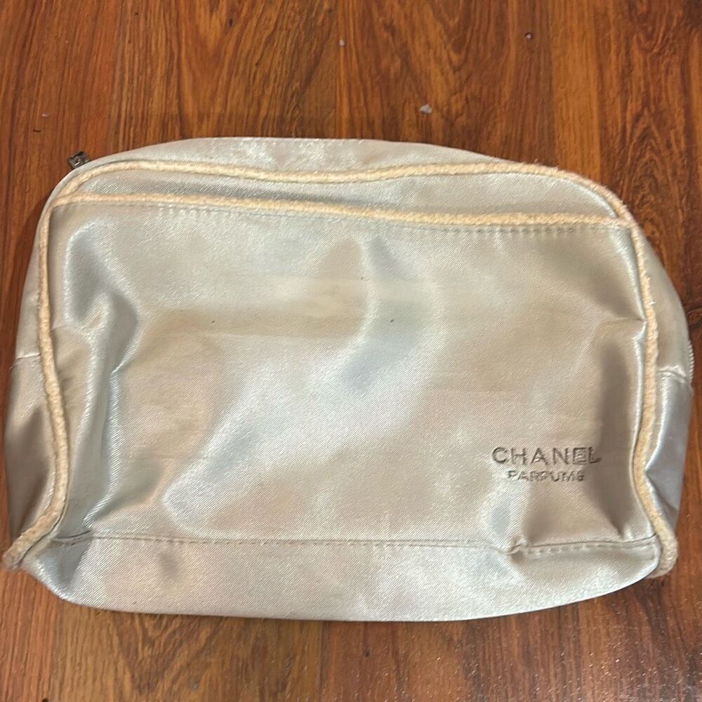 CHANEL satin Make up bag silver